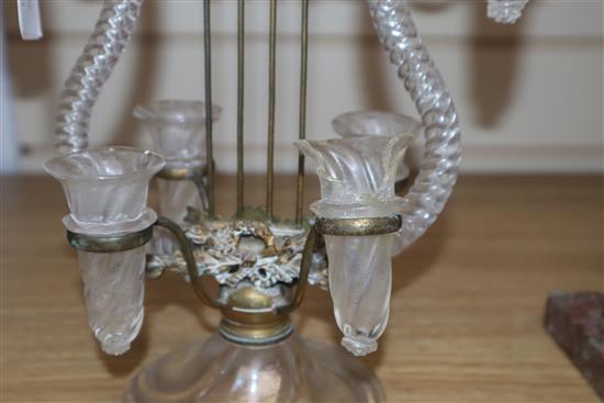 A Bohemian brass and glass lyre-shaped centrepiece